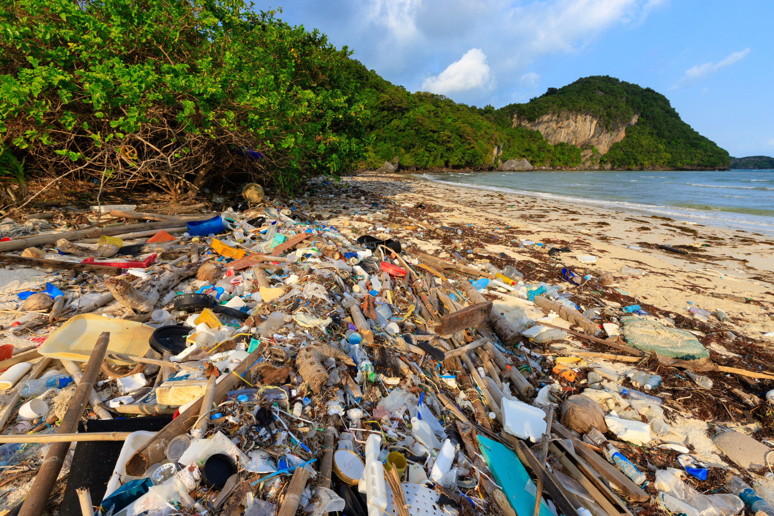 Beach plastic pollution. Junk, ocean.